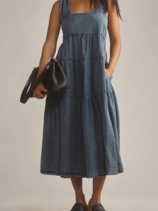 Anthropologie Dresses & Skirts - Anthropologie Denim Midi Dress Helena Tiered Smocked Square Neck Pinafore M